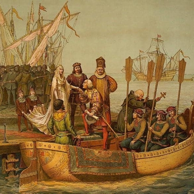 Christoffel Columbus – ontdekkingsreis Historische illustratie van Christoffel Columbus die vertrekt voor zijn ontdekkingsreis per schip